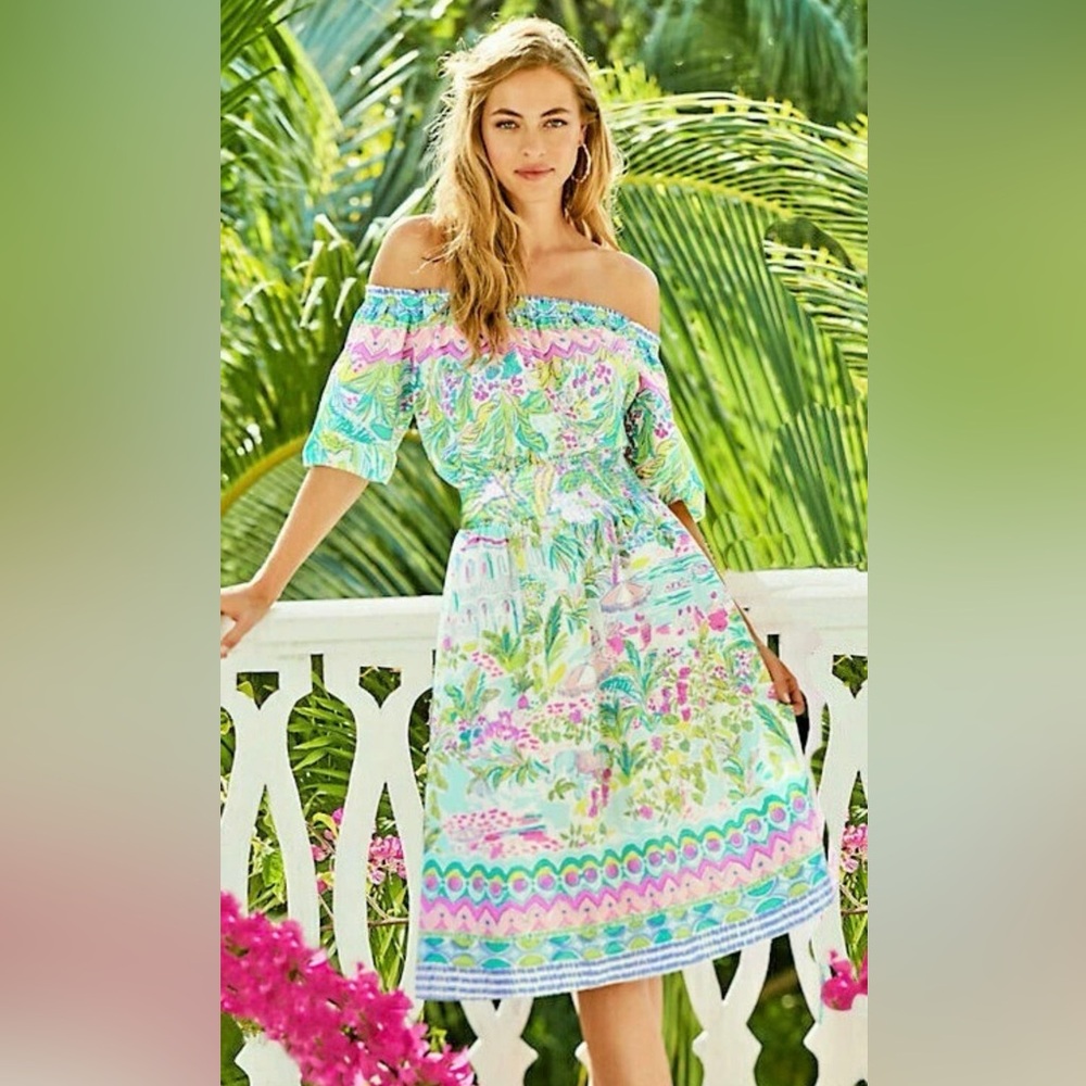 Lilly Pulitzer Off-Shoulder Midi Dress in Mint, Pink & White